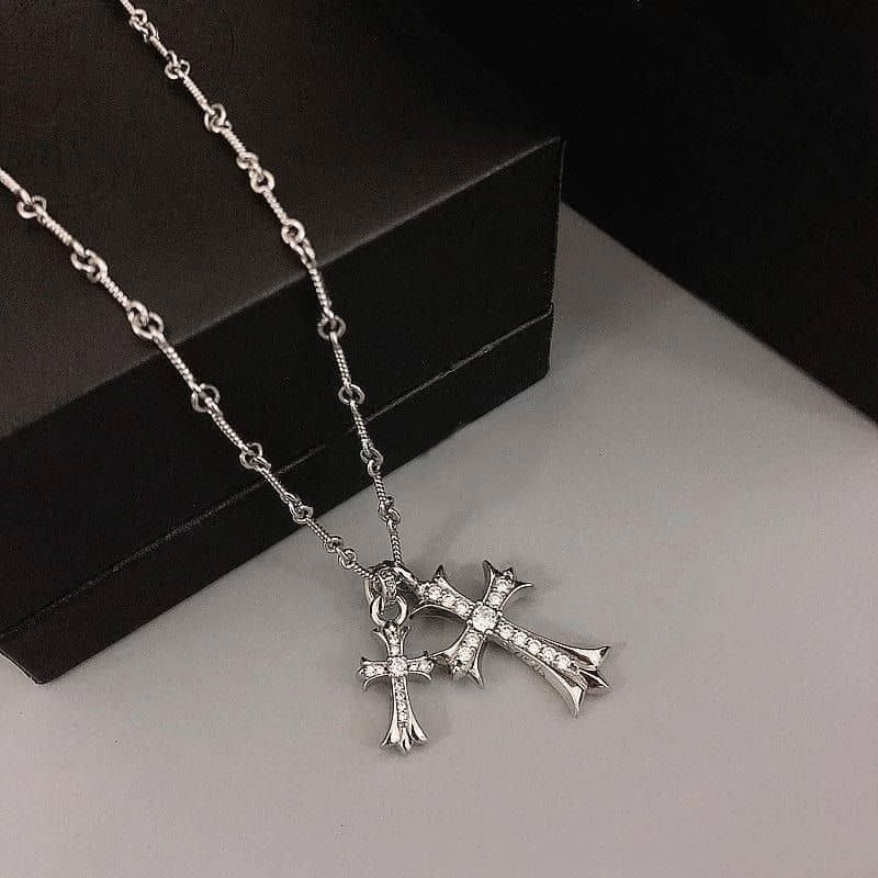 Authentic Chrome Hearts Chrome Hearts Double Cross Crystal Necklace – front view