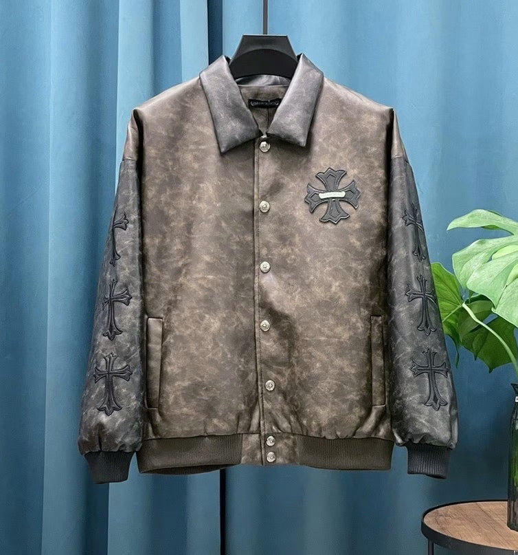 Authentic Chrome Hearts Chrome Hearts Vintage Cross Leather Jacket – Brown – front view
