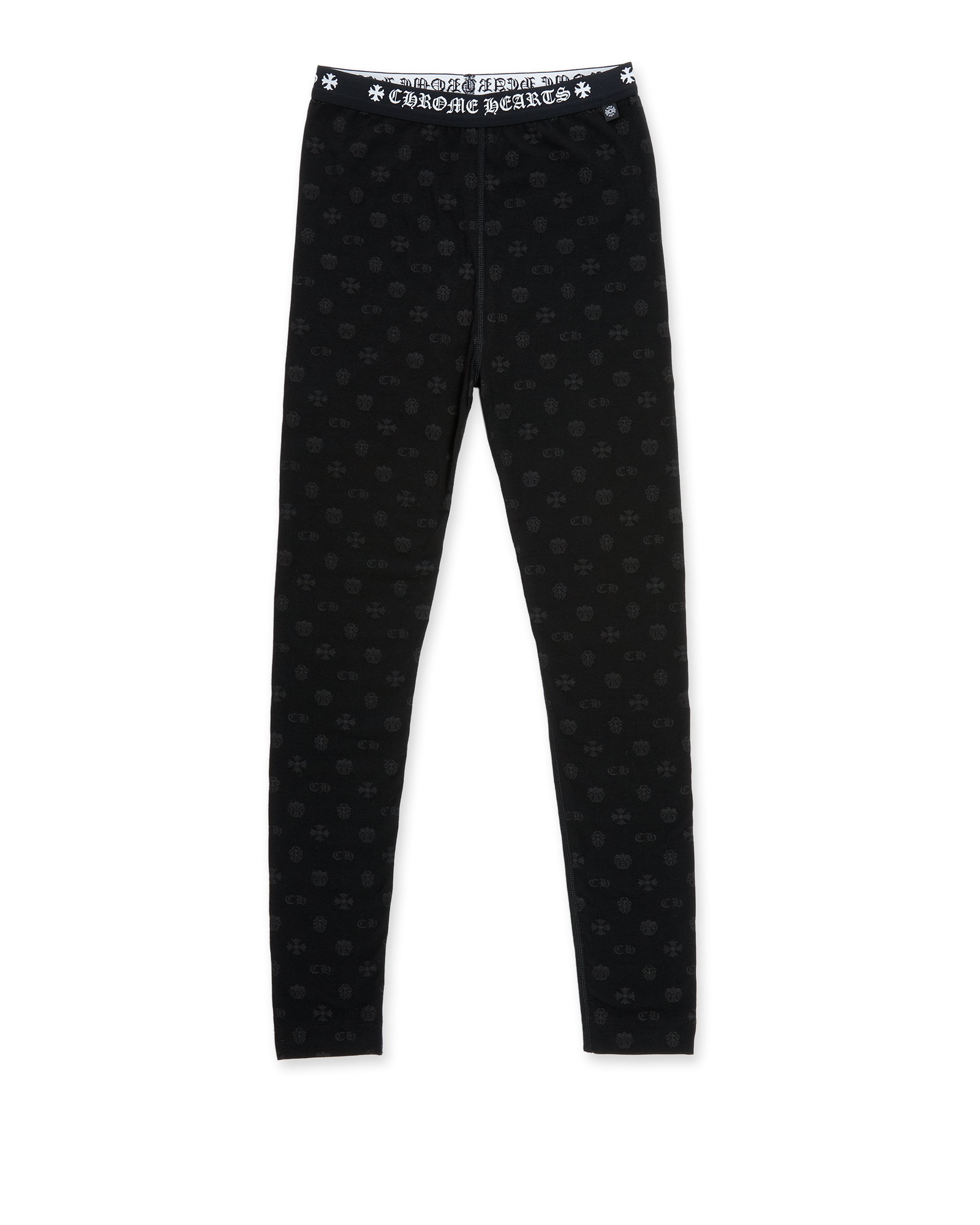 Authentic Chrome Hearts Chrome Hearts Black Cotton Leggings With Gray Multilogo Print – front view