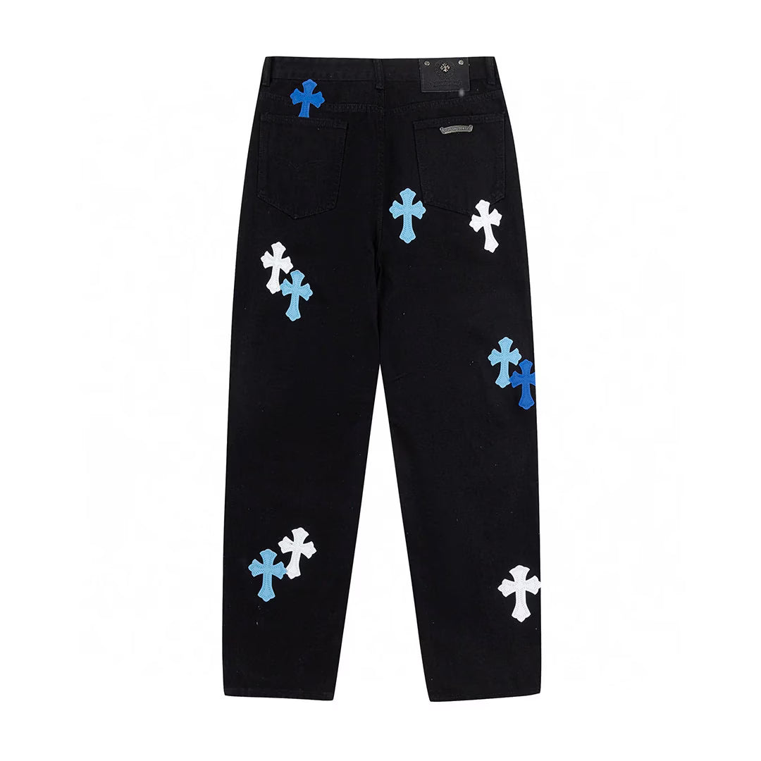 Authentic Chrome Hearts Chrome Hearts Blue & White Cross Patch Jeans – front view
