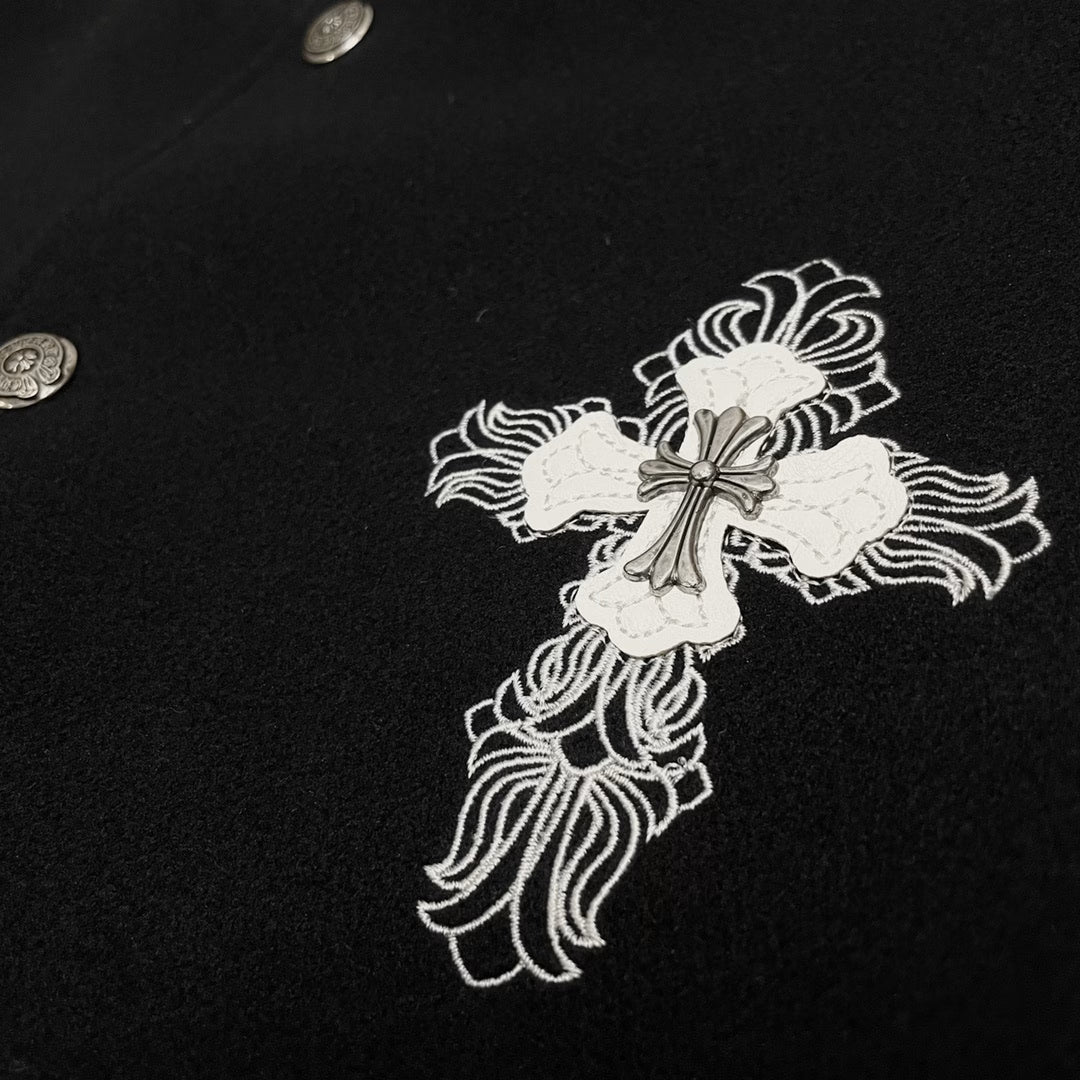 Authentic Chrome Hearts Chrome Hearts Cross Patch Varsity Jacket – Black/White – front view