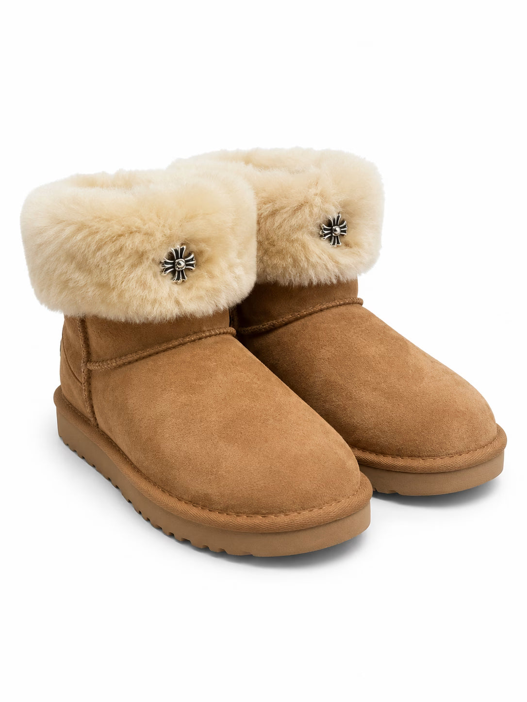 Authentic Chrome Hearts Chrome Hearts Gothic Cross Fur Cuff Ultra Mini UGG Boots – front view
