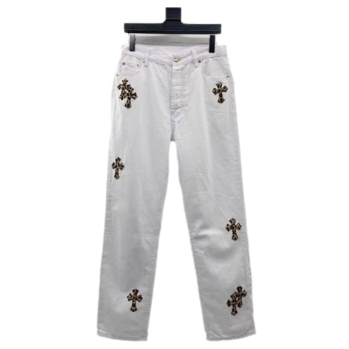 Authentic Chrome Hearts Chrome Heart White Leopard Cross Jeans – pants front view