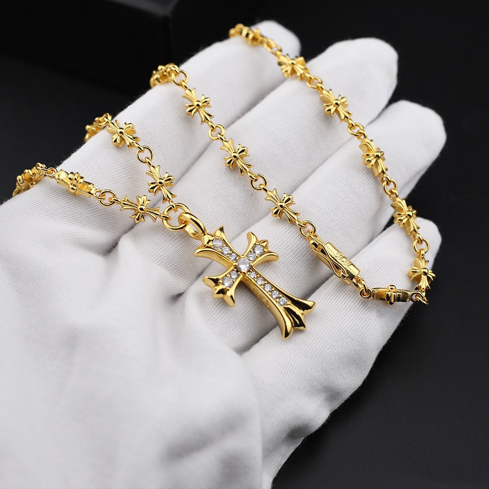 Chrome Hearts 22K Gold Diamond Cross Pendant Necklace – necklace front view
