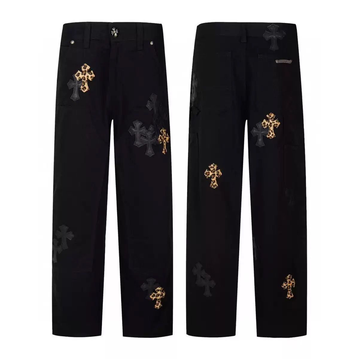 Authentic Chrome Hearts Chrome Hearts Black & Leopard Cross Patch Carpenter Jeans Black – front view