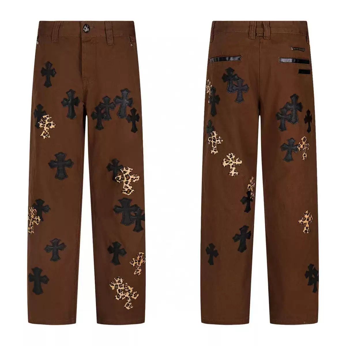 Authentic Chrome Hearts Chrome Hearts Black & Leopard Cross Patch Pants Brown – front view