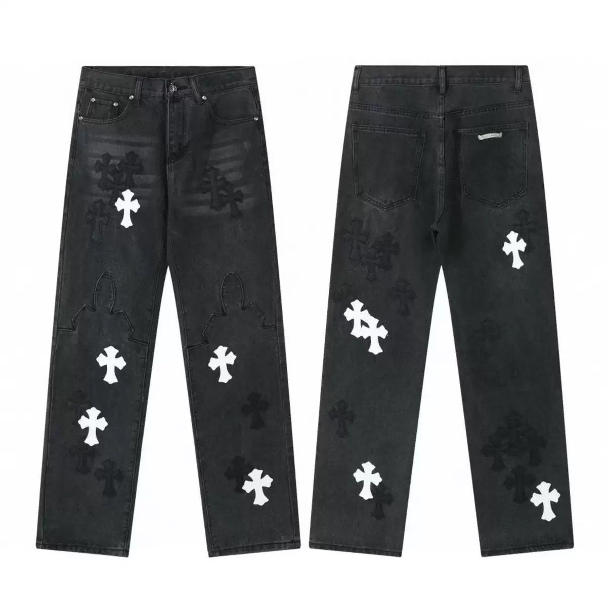 Authentic Chrome Hearts Chrome Hearts Black & White Cross Patch Denim Jeans – front view
