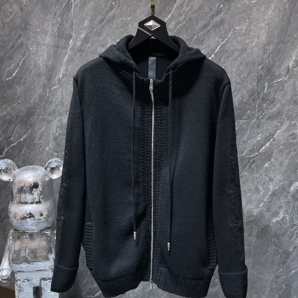 Chrome Hearts Black Wool Leather Patches Hoodie – hoodie front view