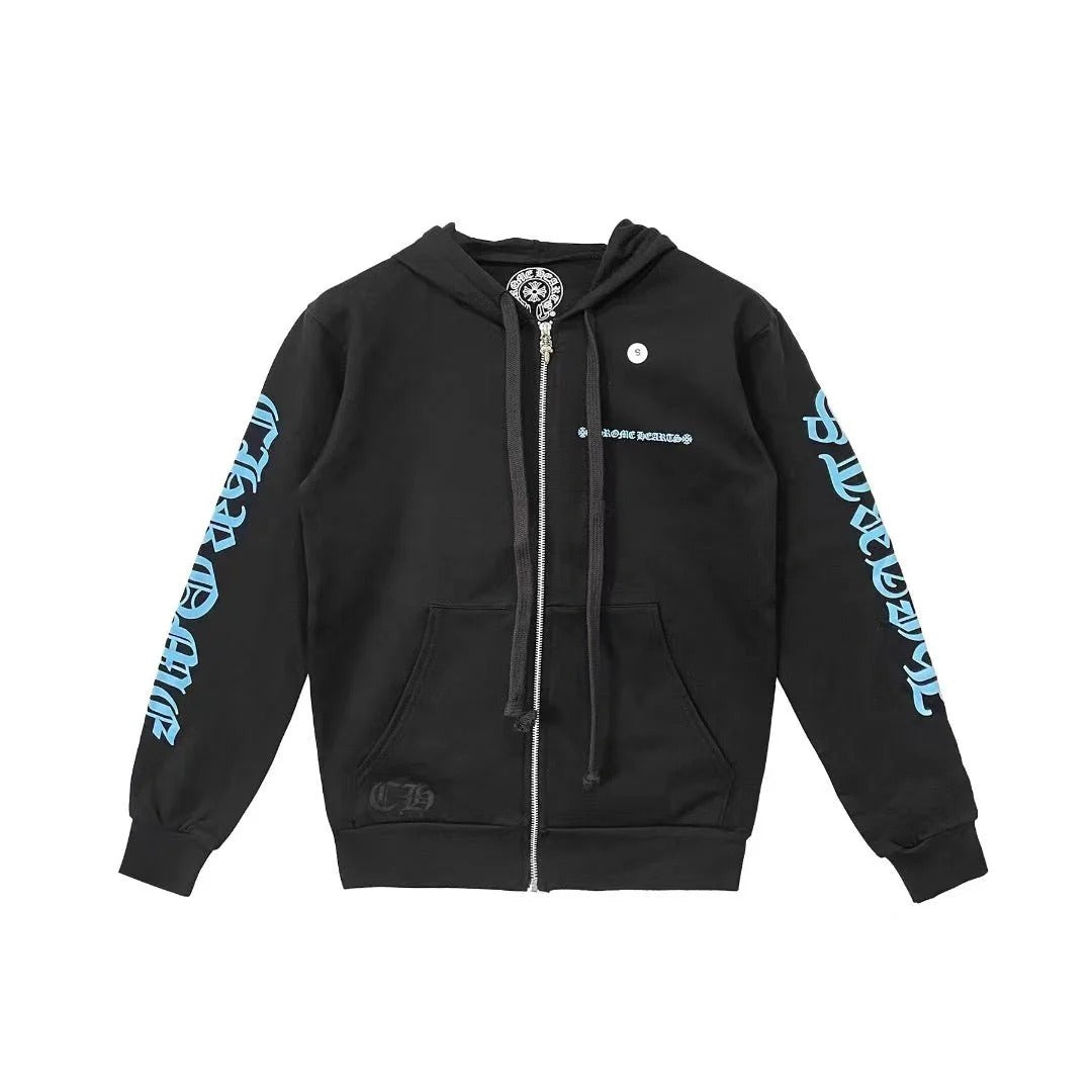 Chrome Hearts Blue Script Zip Up Hoodie – hoodie front view