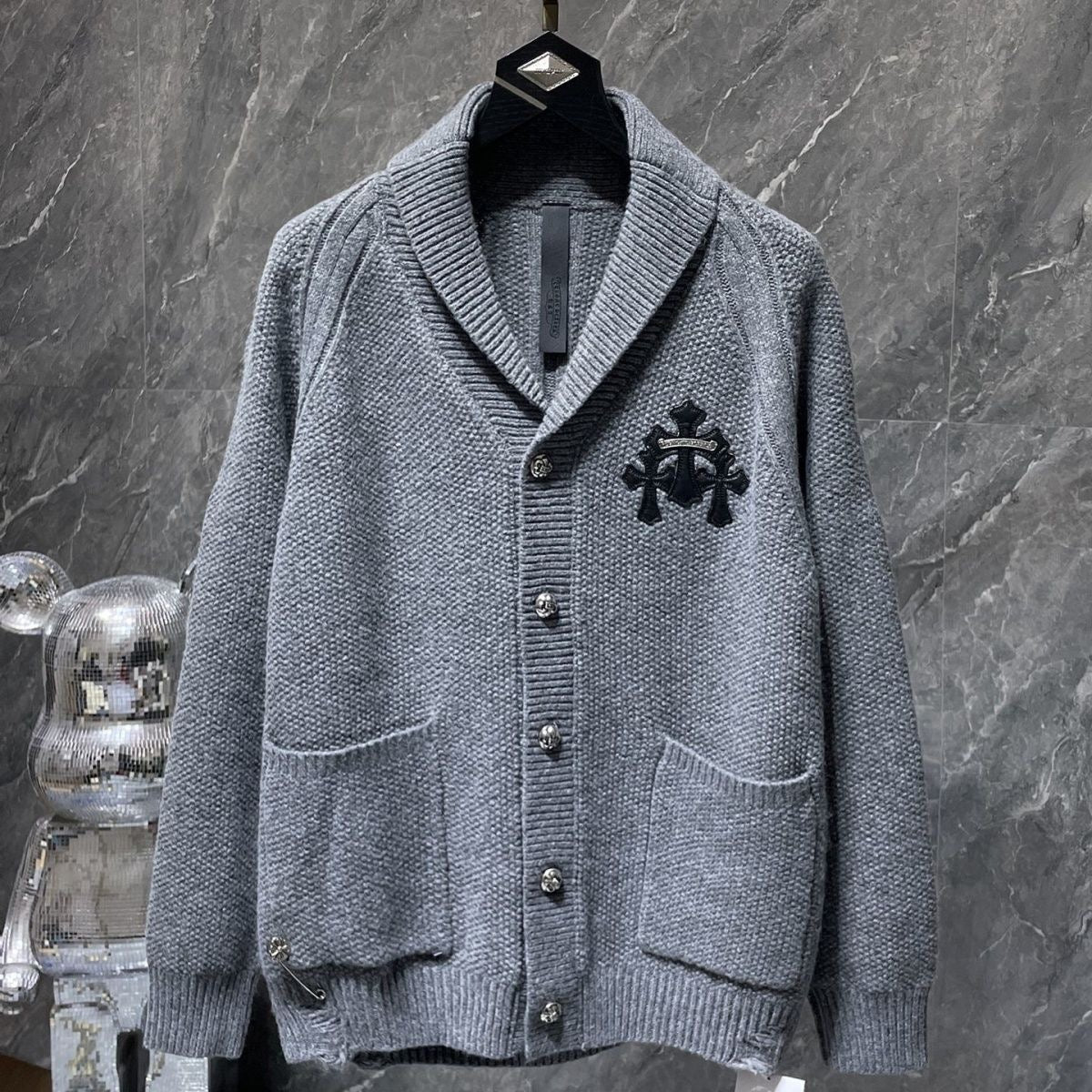 Chrome Hearts Cashmere Cross Patch Cardigan Gray – hoodie front view