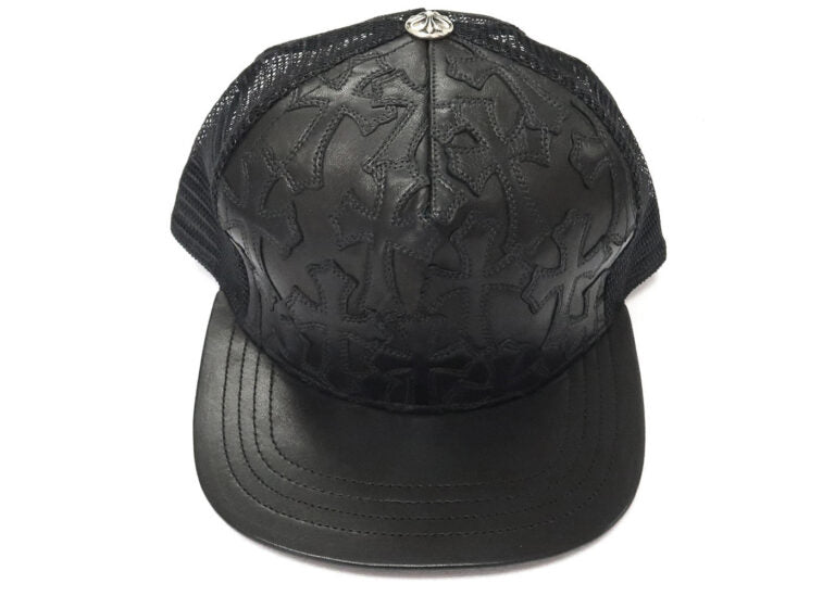 Chrome Hearts Cemetary Cross Leather Stitched Trucker Hat – Black – hat front view