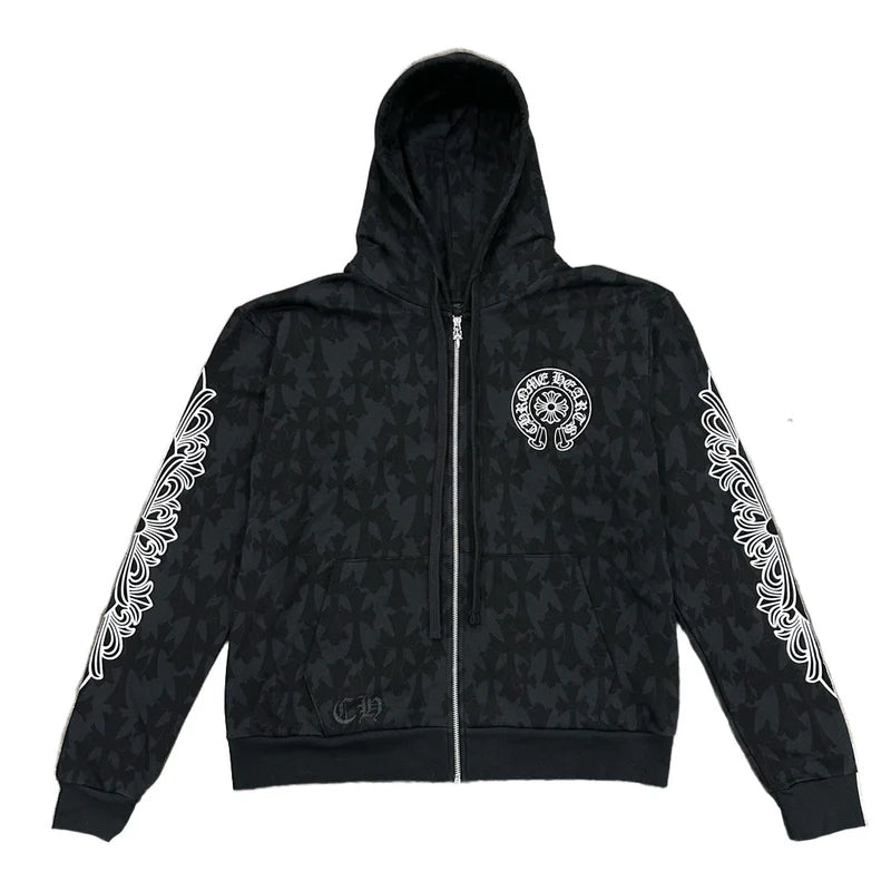 Chrome Hearts Cemetery Cross All Over Print Logo Zip Up Hoodie – hoodie front view