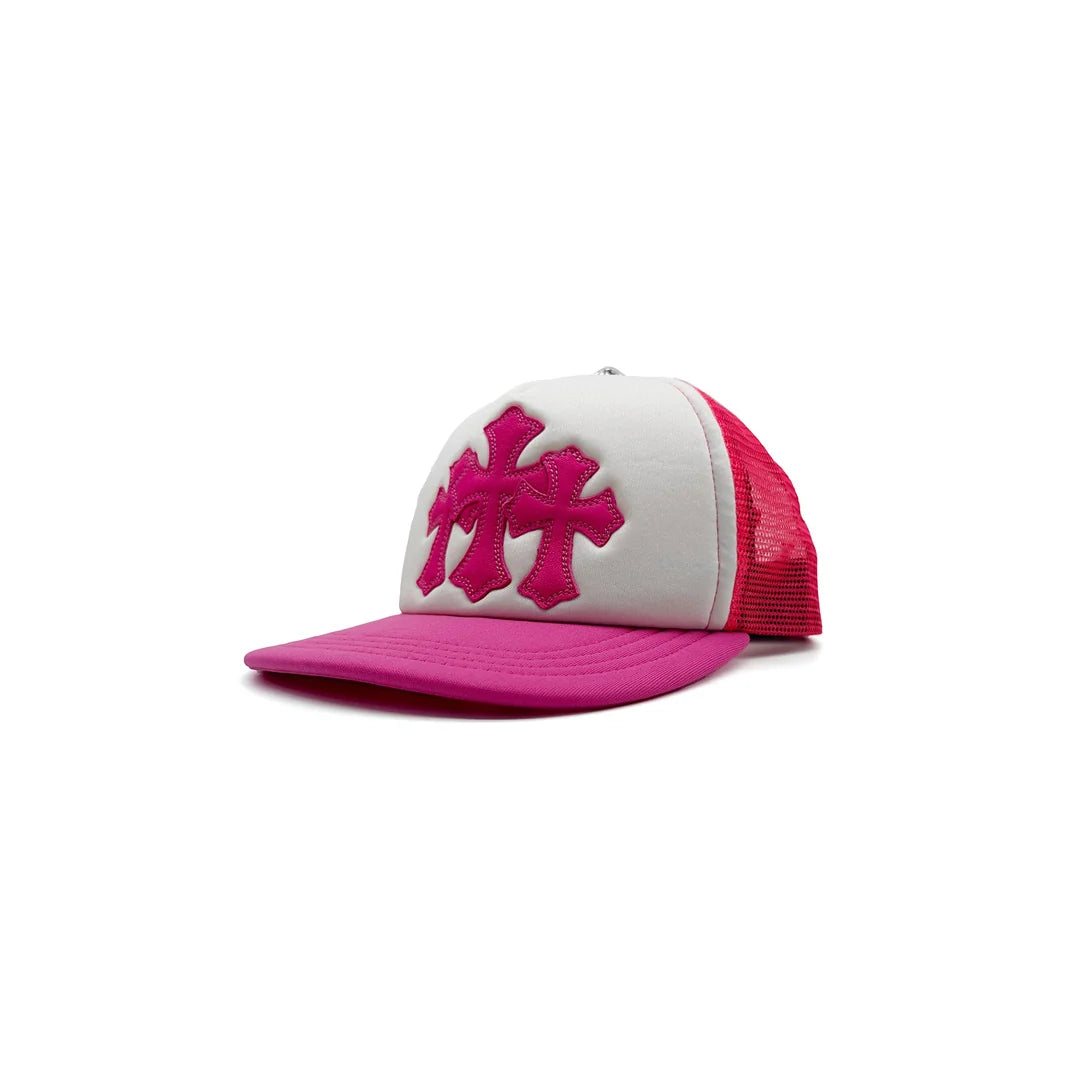 Authentic Chrome Hearts Chrome Hearts Cemetery Cross Patch Trucker Hat Pink White – front view
