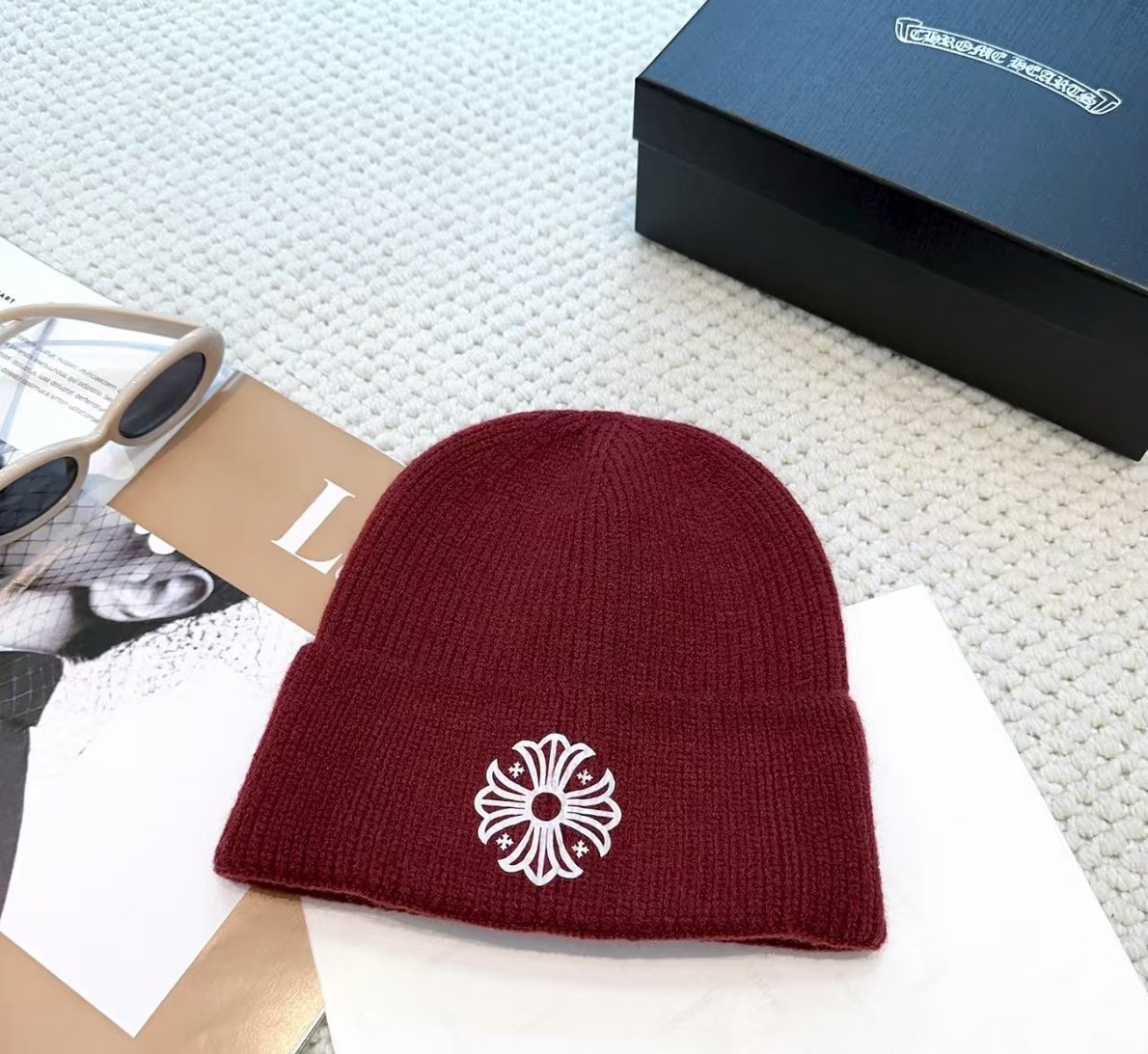 Authentic Chrome Hearts Chrome Hearts Floral Cross Knit Beanie Burgundy – front view