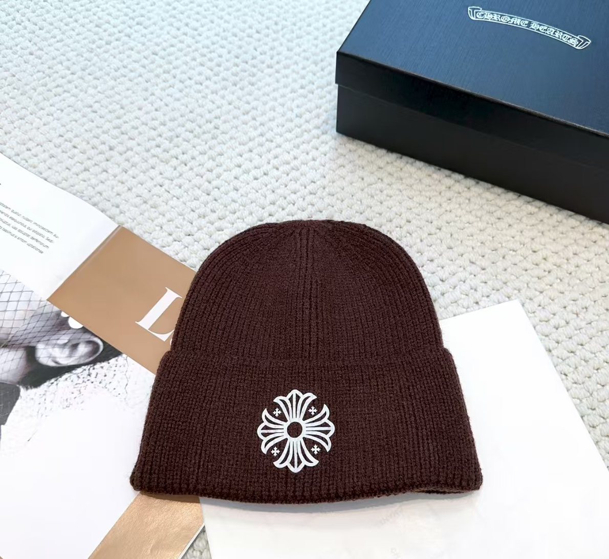Authentic Chrome Hearts Chrome Hearts Floral Cross Knit Beanie Dark Brown – front view