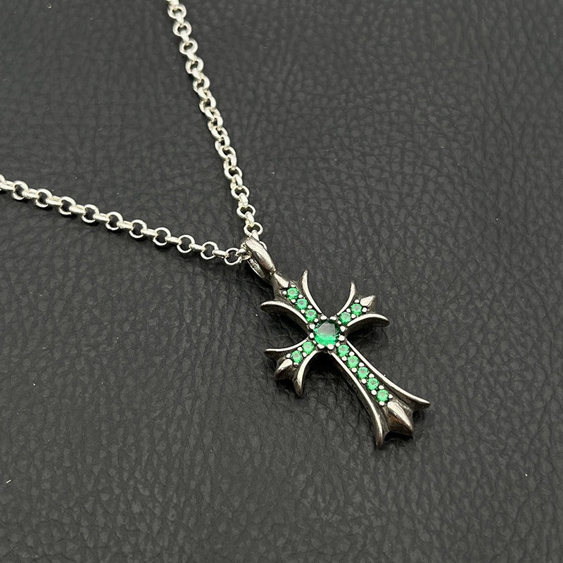 Authentic Chrome Hearts Chrome Hearts Green Emerald Cross Pendant Necklace – front view