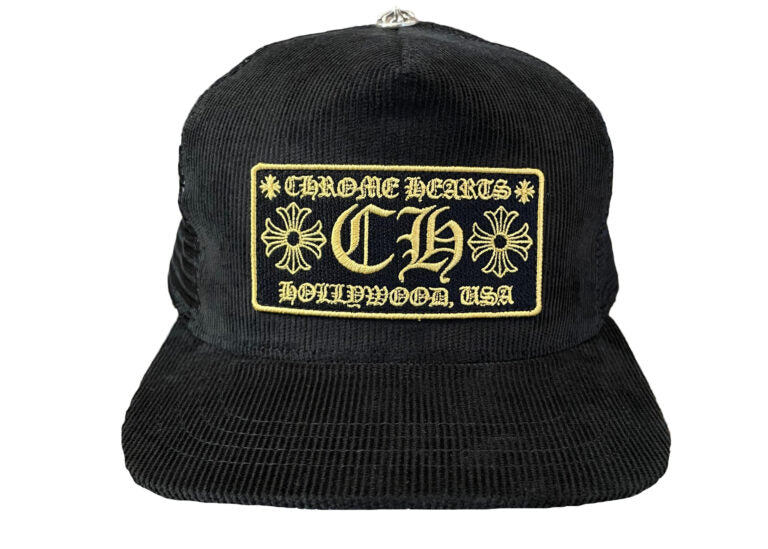 Chrome Hearts Hollywood Corduroy Trucker Hat – Black-Gold – hat front view
