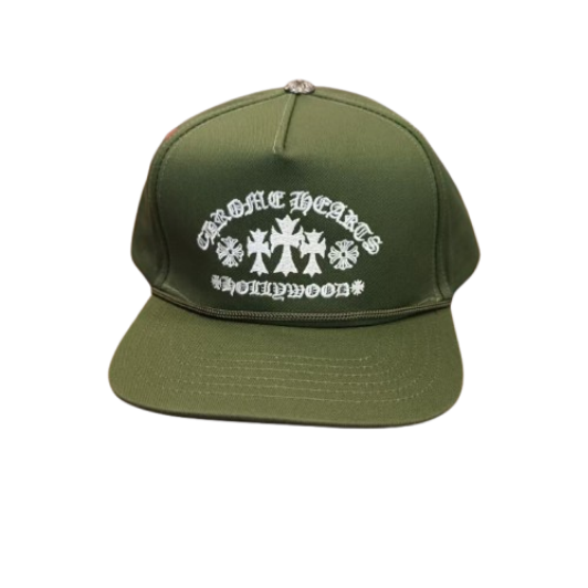 Authentic Chrome Hearts Chrome Hearts Hollywood Triple Cross Snapback Hat Olive Green – front view