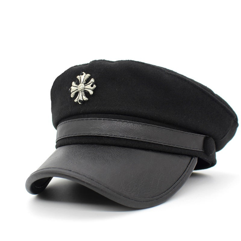 Authentic Chrome Hearts Chrome Hearts Leather Brim Cross Badge Sailor Hat Black – front view