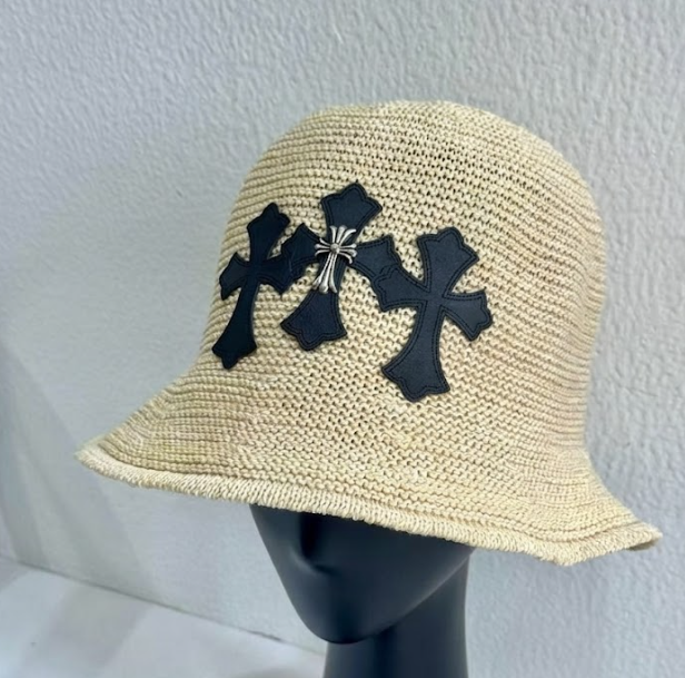Authentic Chrome Hearts Chrome Hearts Leather Cross Patch Straw Bucket Hat Beige – front view