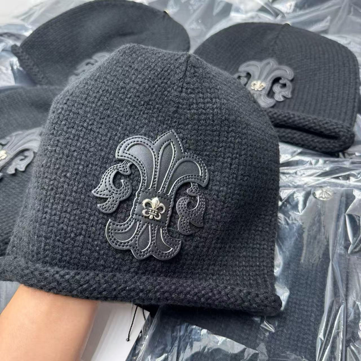 Authentic Chrome Hearts Chrome Hearts Leather Fleur De Lis Patch Beanie Black – front view