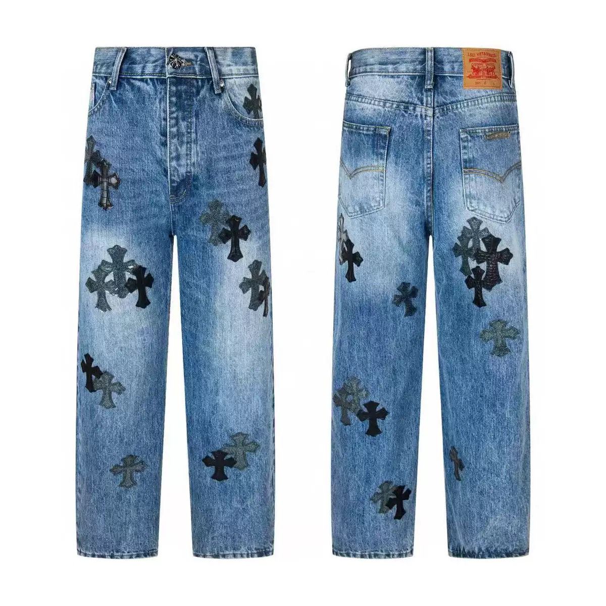 Authentic Chrome Hearts Chrome Hearts Patchwork Leather Cross Denim Jeans Blue – front view