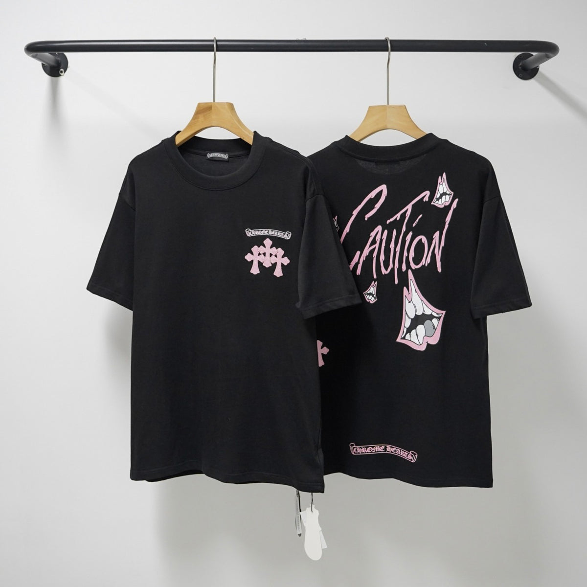 Chrome Hearts Pink Caution Cross Graphic Black Tee Shirt – shirt front view