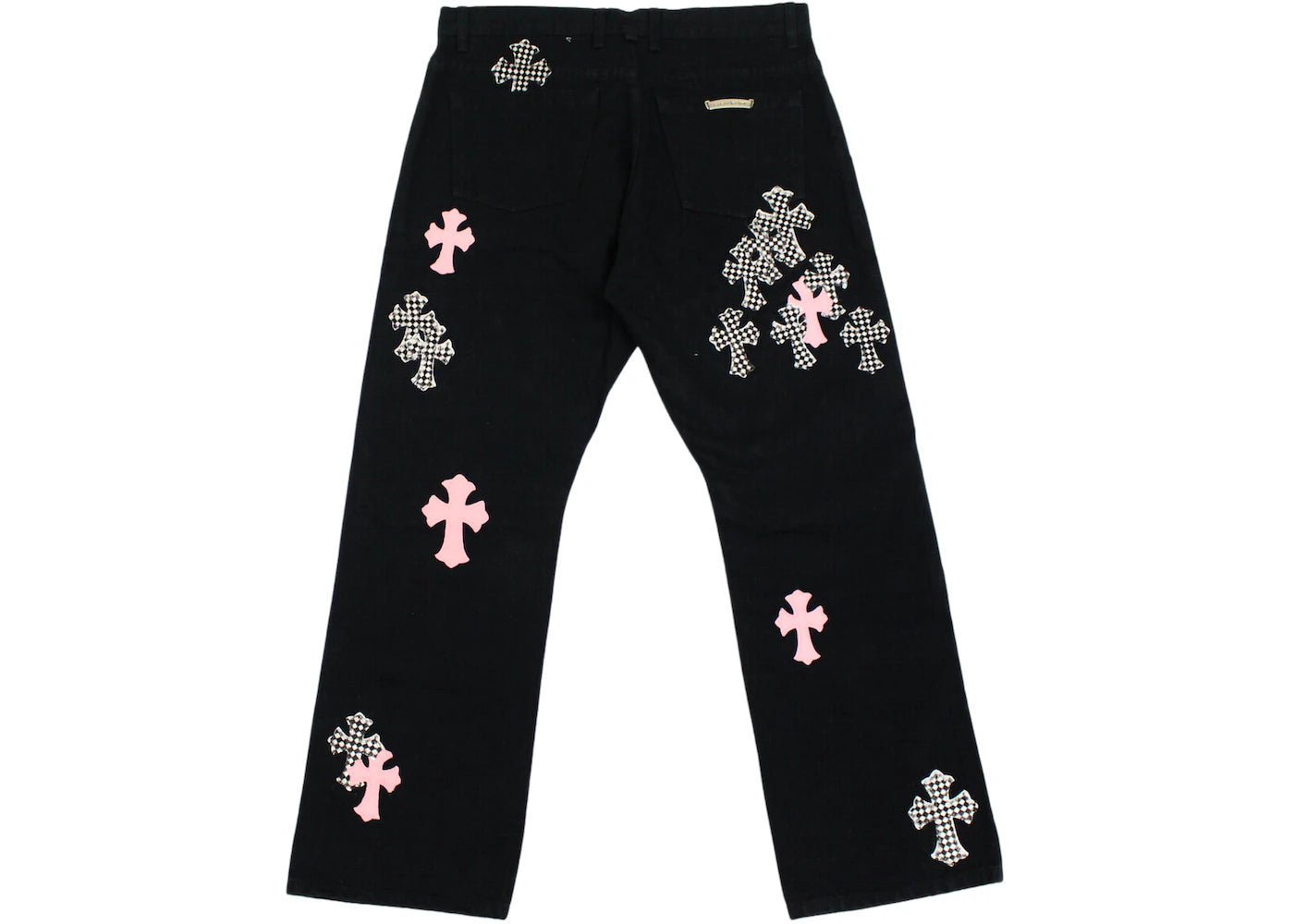 Chrome Hearts Pink & Checkered Cross Patch Fleurknee Jeans – pants detail close-up