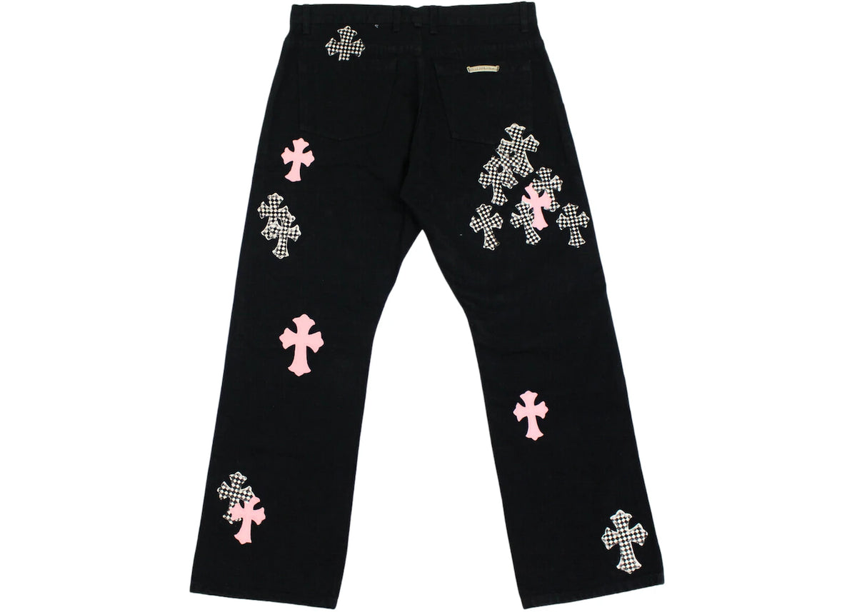 Authentic Chrome Hearts Chrome Hearts Pink & Checkered Cross Patch Fleurknee Jeans – front view