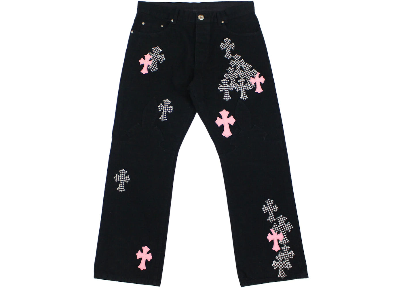 Chrome Hearts Pink & Checkered Cross Patch Fleurknee Jeans – pants front view