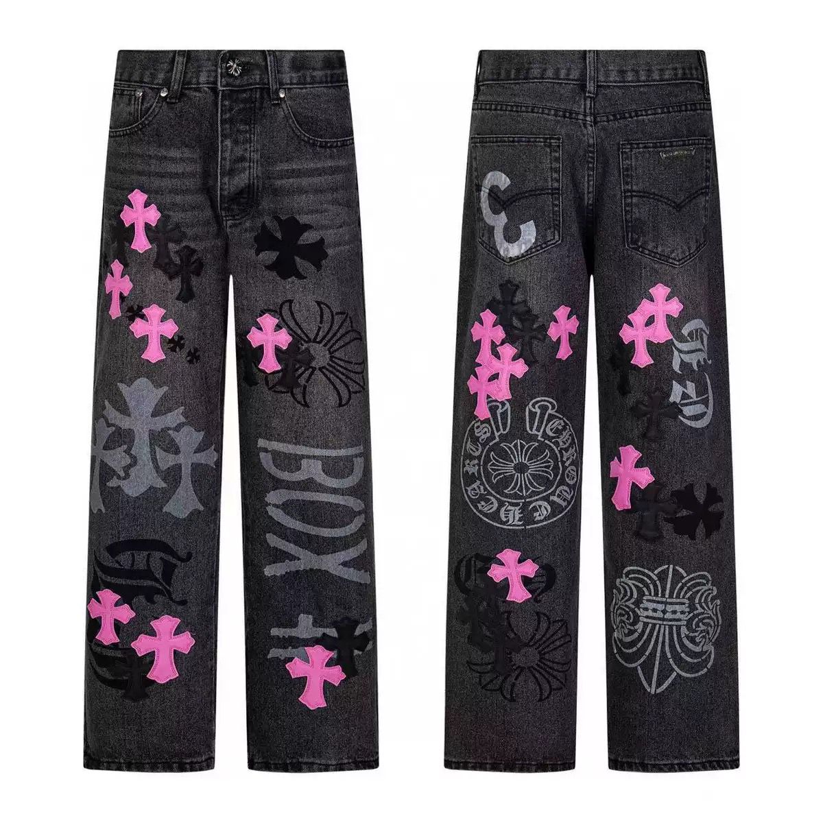 Authentic Chrome Hearts Chrome Hearts Pink Cross Patch Graphic Jeans Black – front view