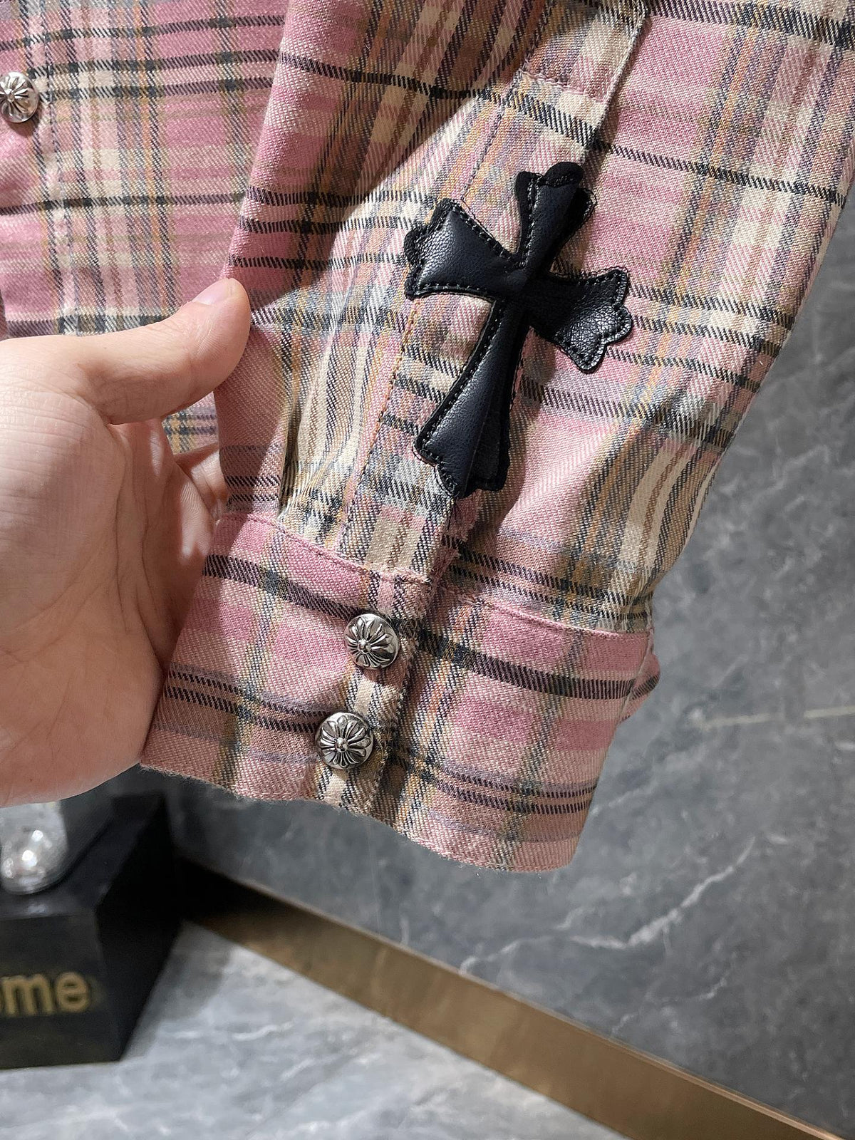 Authentic Chrome Hearts Chrome Hearts Pink Plaid Casual T Shirt – front view