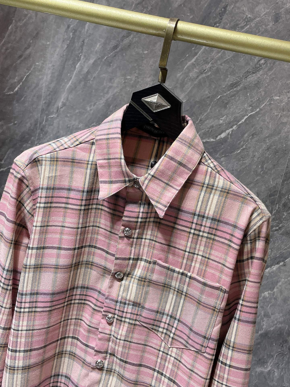Authentic Chrome Hearts Chrome Hearts Pink Plaid Casual T Shirt – front view