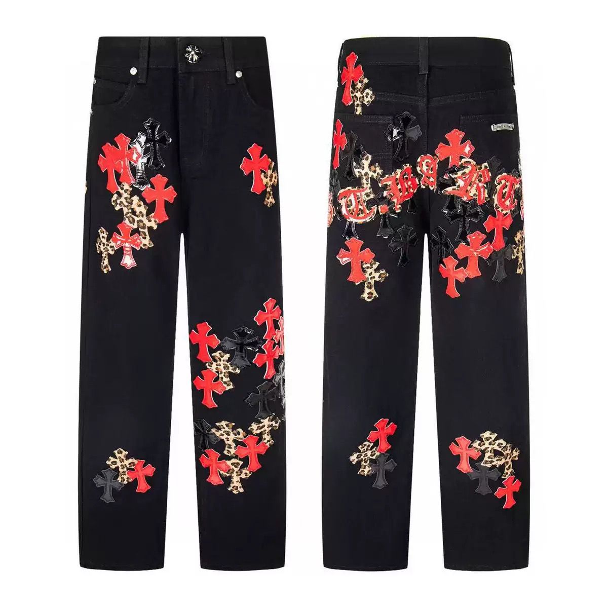 Authentic Chrome Hearts Chrome Hearts Red, Black & Leopard Cross Patch Jeans Black – front view