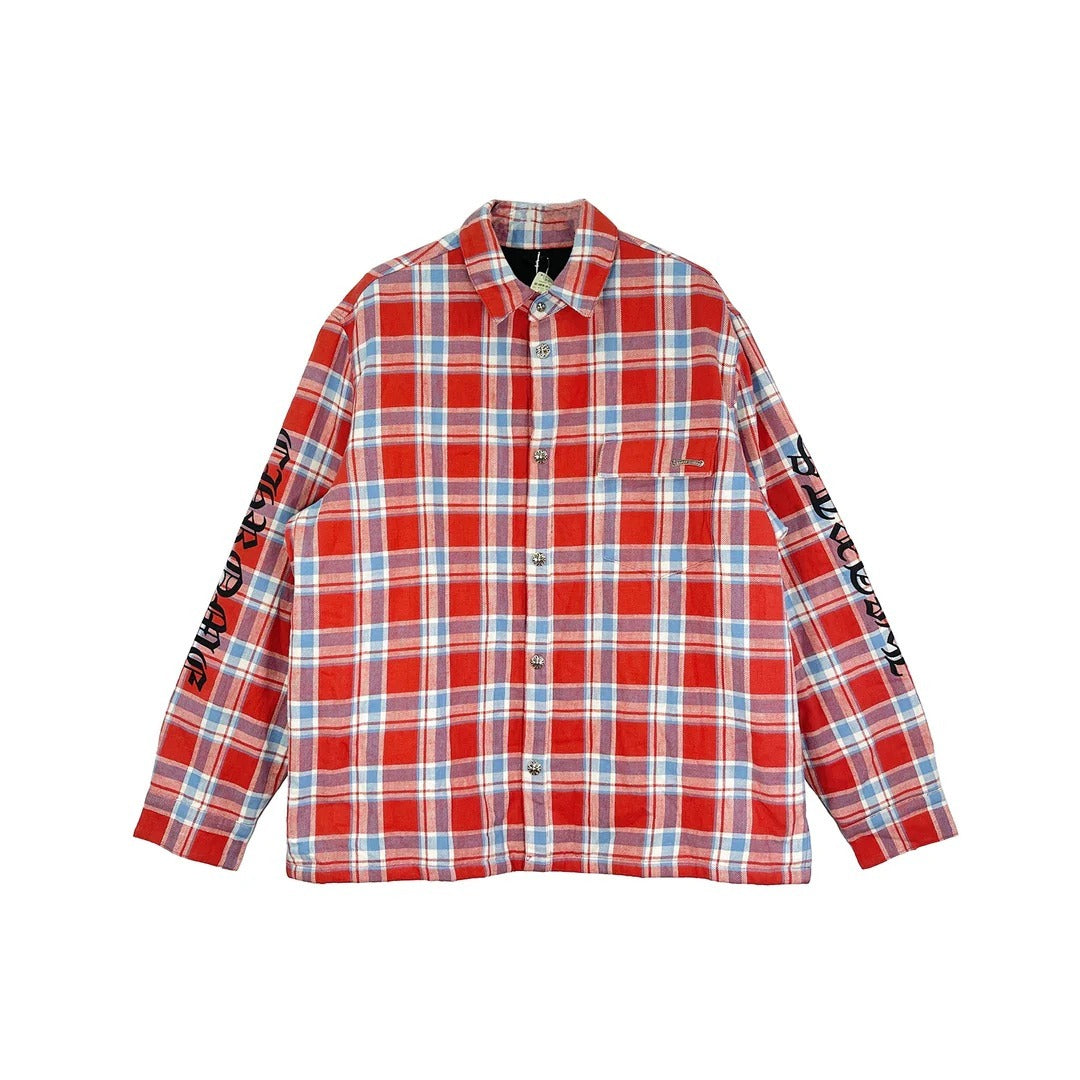 Chrome Hearts Red Light Blue Plaid Flannel with Black Sleeve Logo – hoodie front view