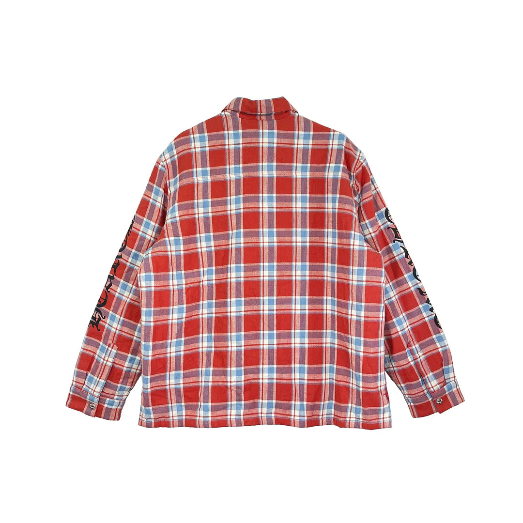 Authentic Chrome Hearts Chrome Hearts Red Light Blue Plaid Flannel with Black Sleeve Logo – front view