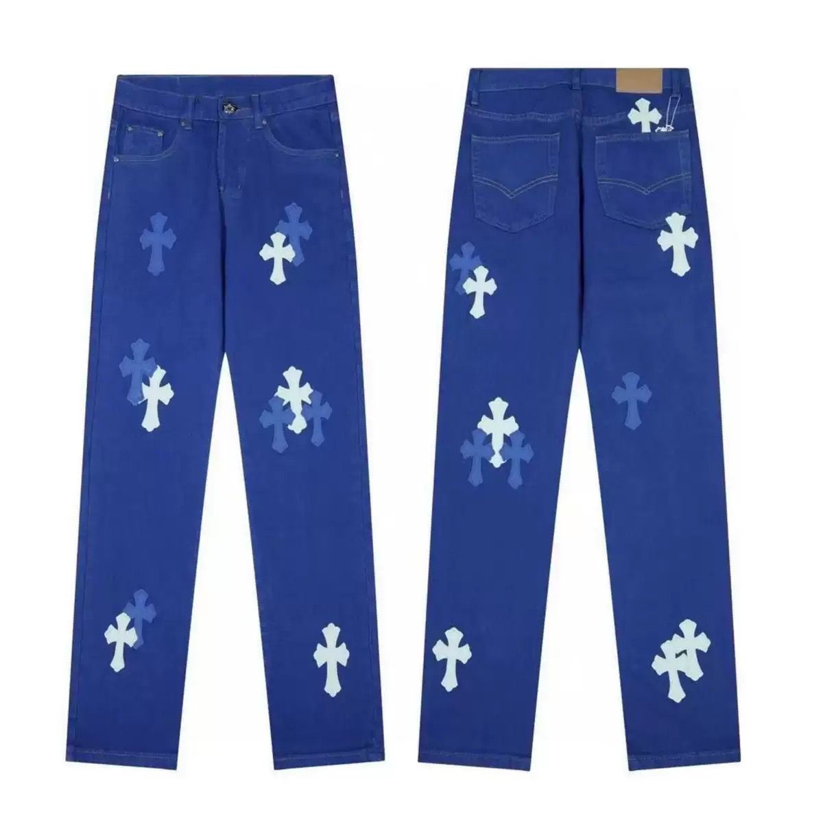 Authentic Chrome Hearts Chrome Hearts Royal Blue Leather Cross Patch Denim Jeans – front view