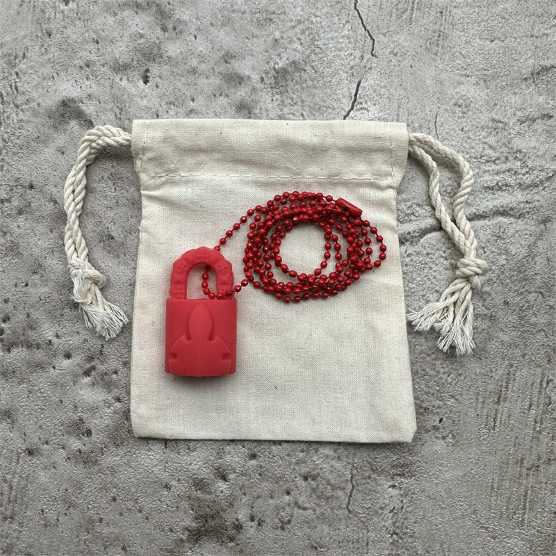 Chrome Hearts Silichrome Padlock Pendant Necklace Red – necklace front view