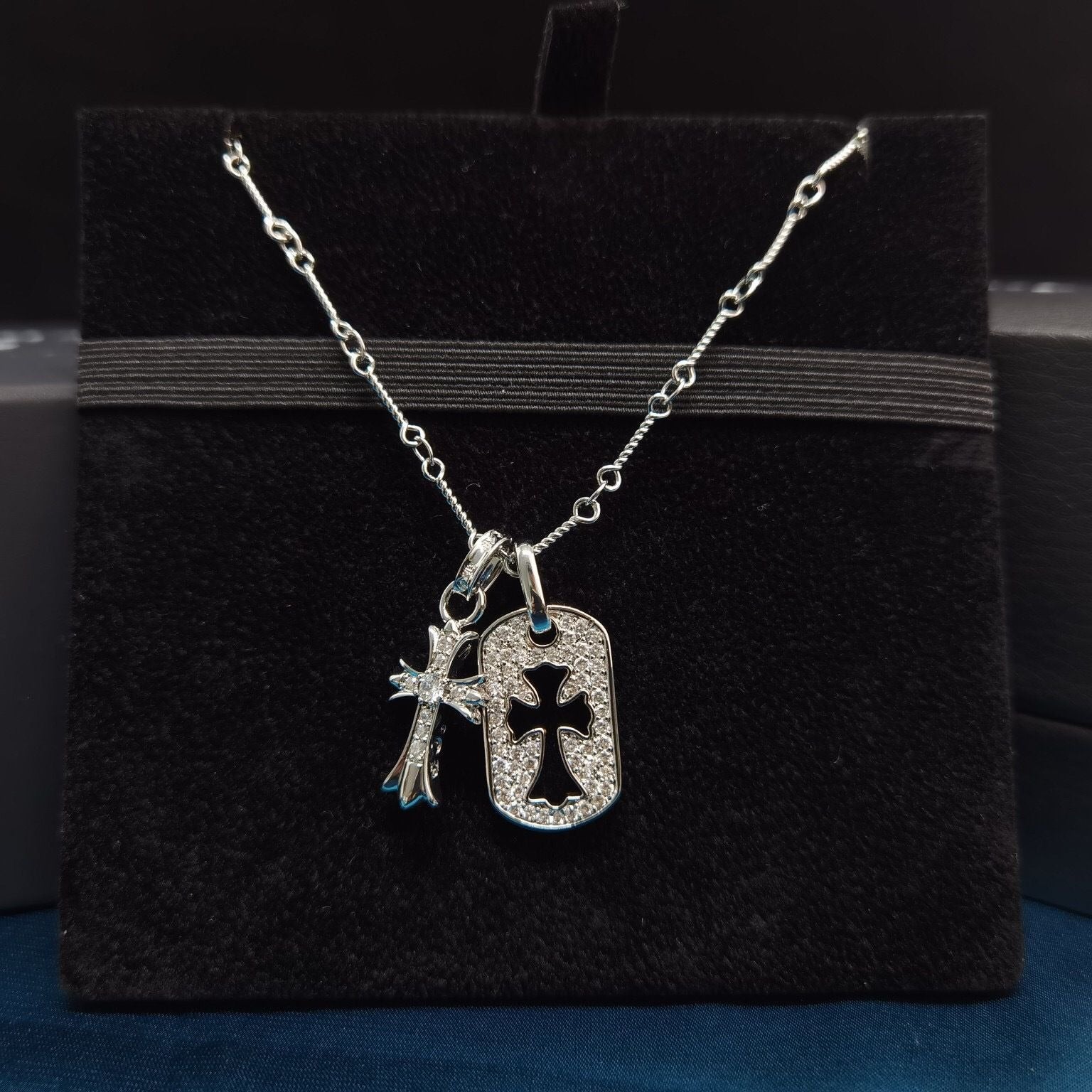 Chrome Hearts Sterling Silver Pavé Diamond Dog Tag Pendant Necklace – necklace front view
