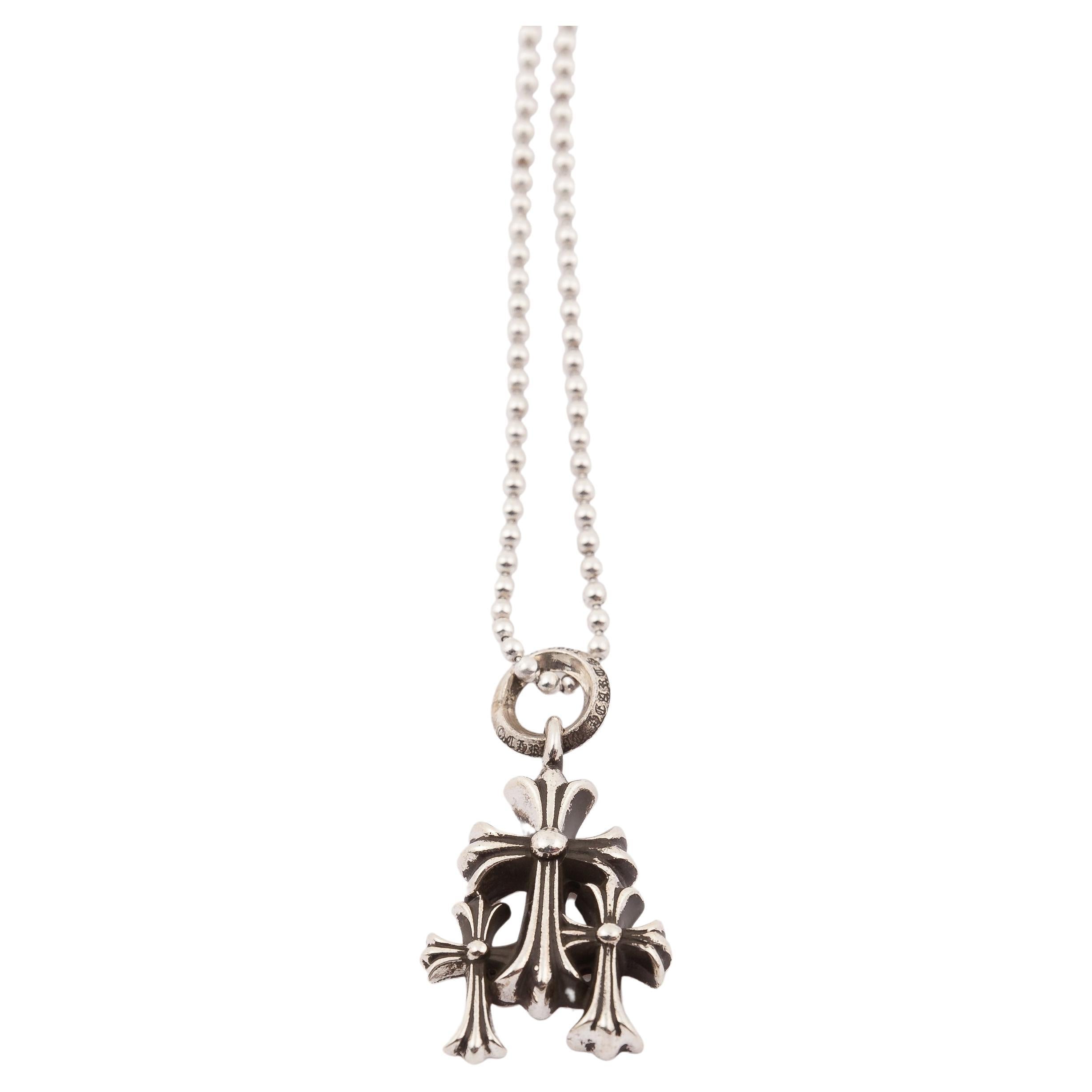 Chrome Hearts Triple Cross Pendant Necklace With Ball Chain – necklace front view