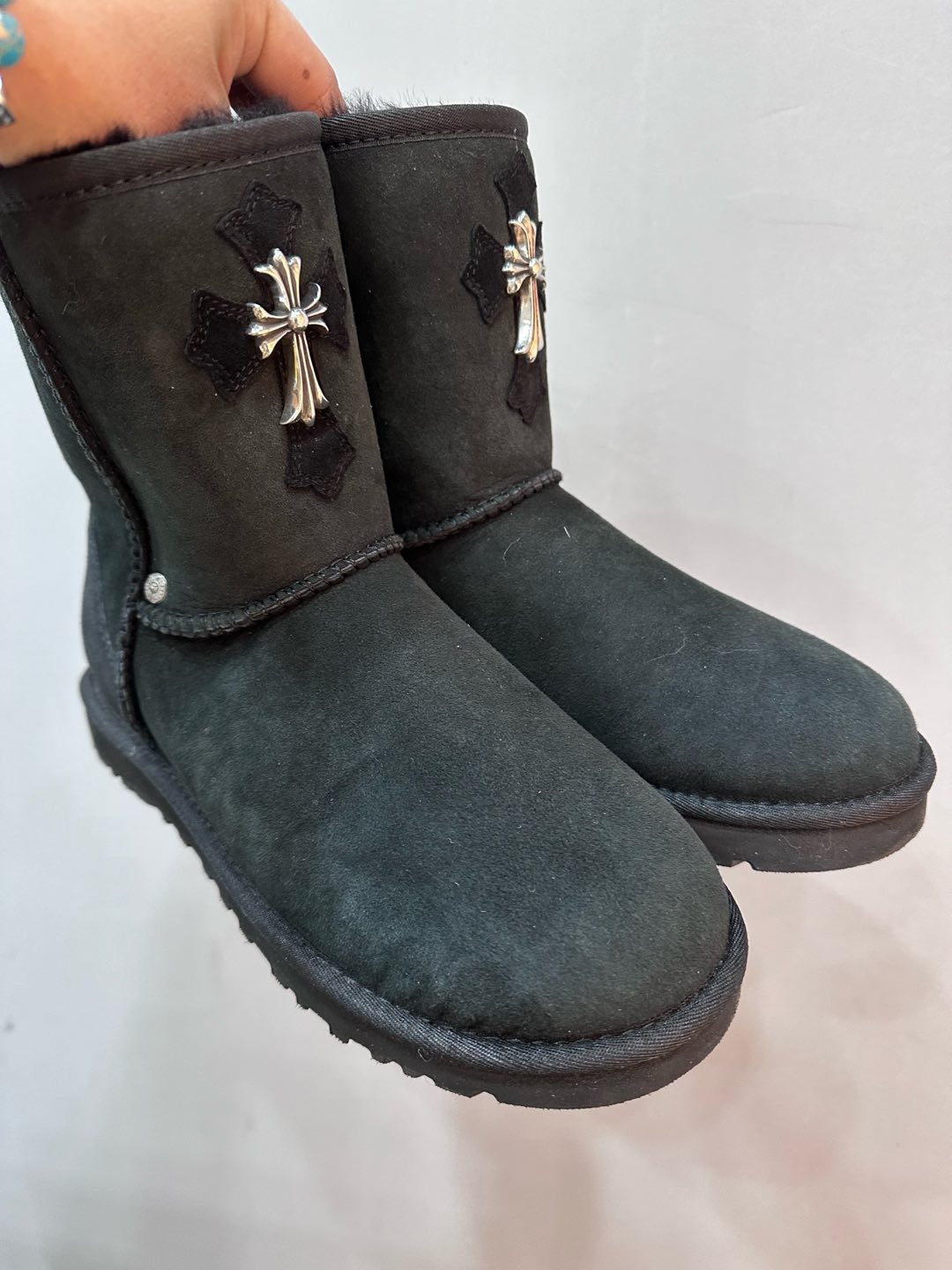 Chrome Hearts UGGS Full Black Cross Boots – shoes front view