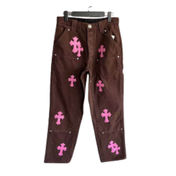 Authentic Chrome Hearts Chrome Style Brown Carpenter Hearts Pants – pants front view