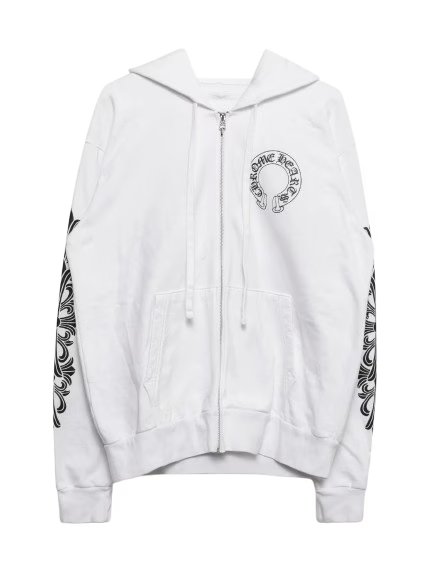 Authentic Chrome Hearts White Floral Horseshoe Zip-up Hoodie – front view