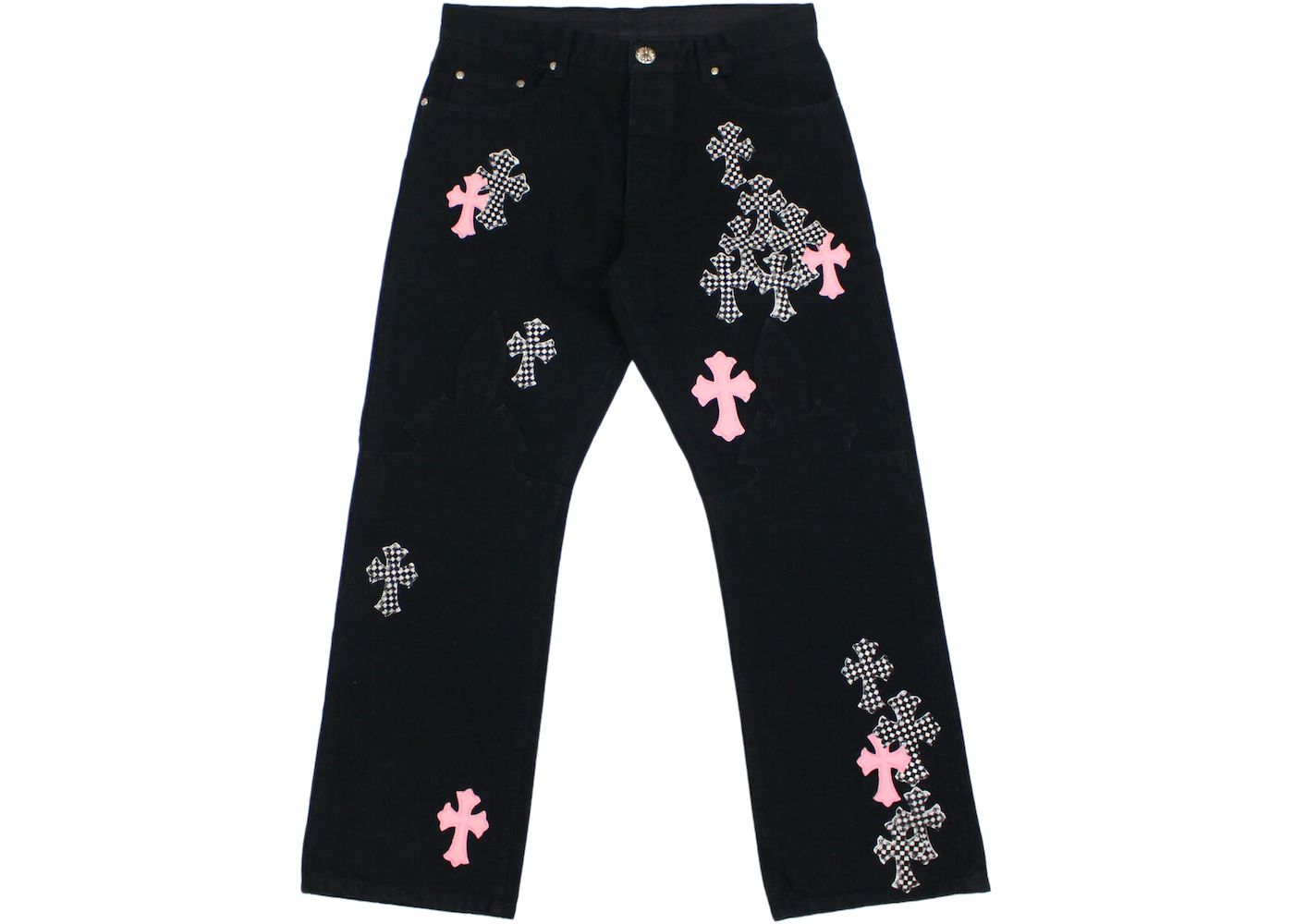 Authentic Chrome Hearts Pink & Checkered Cross Patch Fleurknee Jeans – pants front view