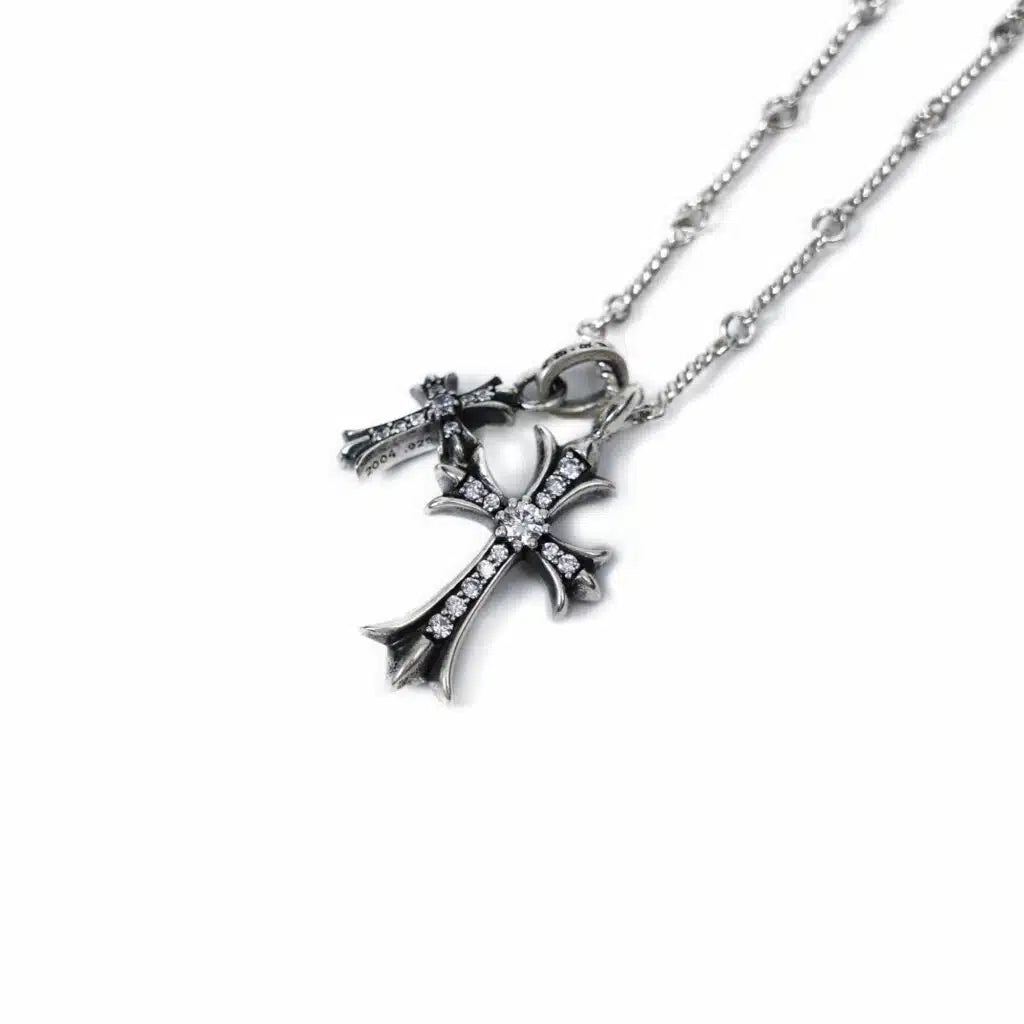 Authentic Chrome Hearts SMALL CROSS AND BABYFAT CHARM NECKLACE WITH DIAMONDS – front view