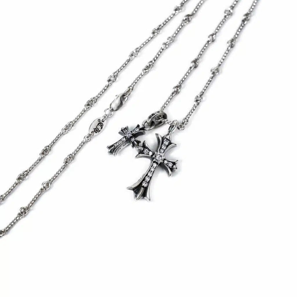 Authentic Chrome Hearts SMALL CROSS AND BABYFAT CHARM NECKLACE WITH DIAMONDS – necklace front view