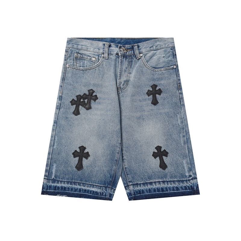 Authentic Chrome Hearts Chrome Hearts Light Blue Vintage Wash Double Cross Shorts – front view
