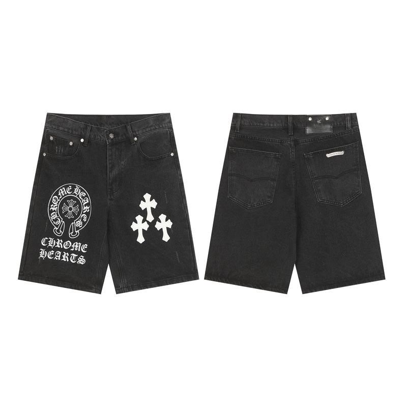 Authentic Chrome Hearts Chrome Hearts Horseshoe Logo Black Denim Shorts – front view