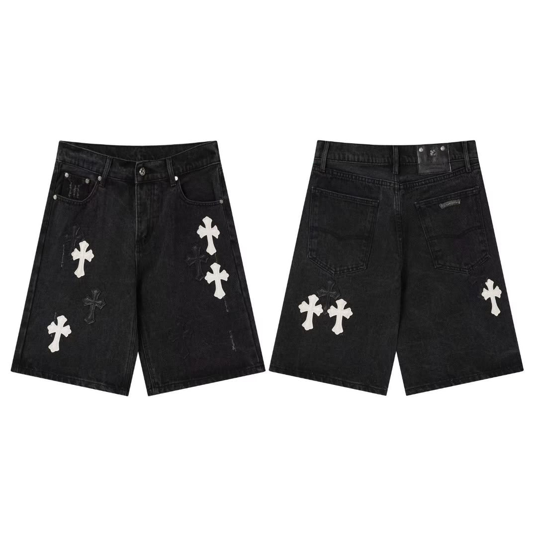 Authentic Chrome Hearts Chrome Hearts Black Denim White & Tonal Cross Patch Shorts – front view