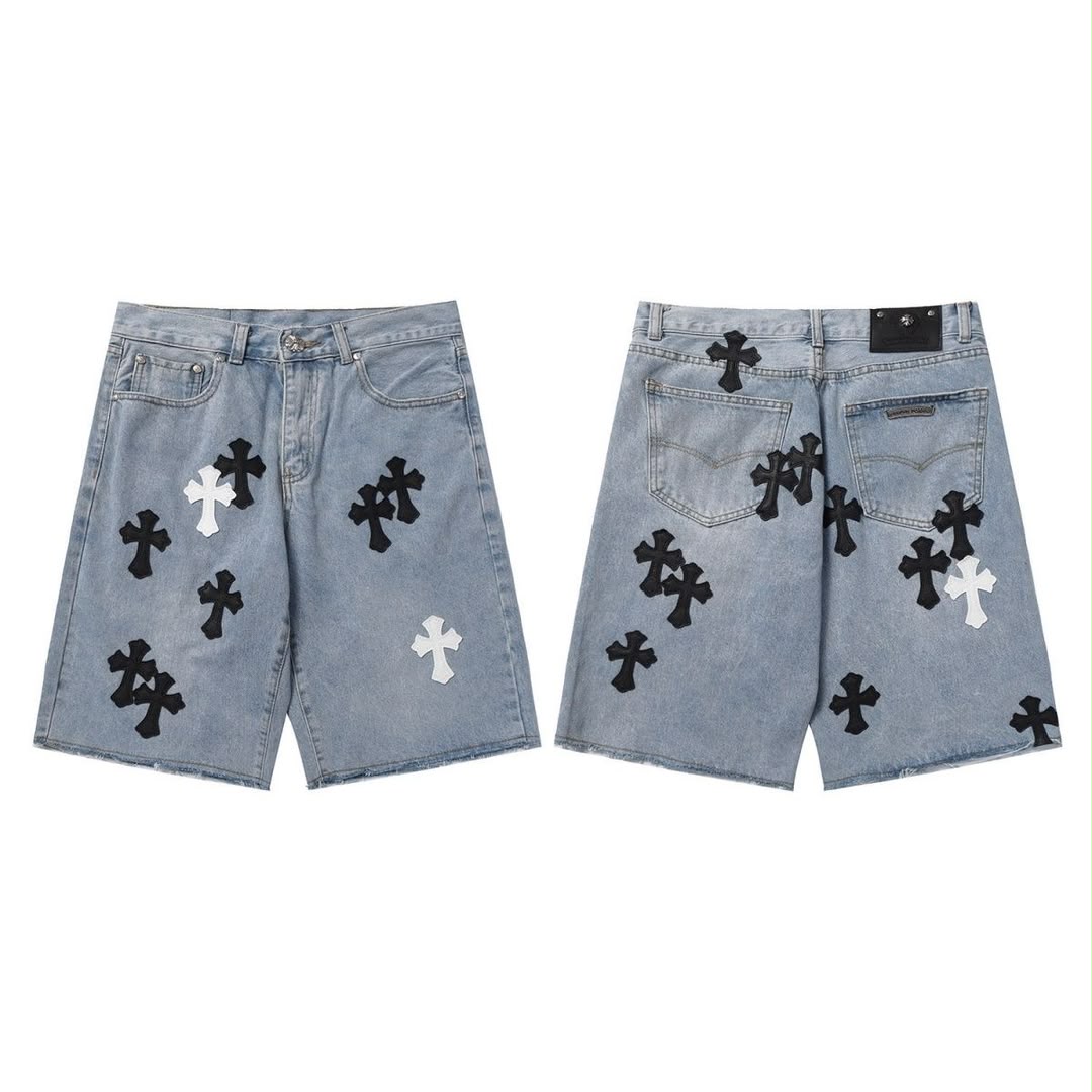 Authentic Chrome Hearts Chrome Hearts Light Wash Denim Multi-Cross Patch Shorts – front view
